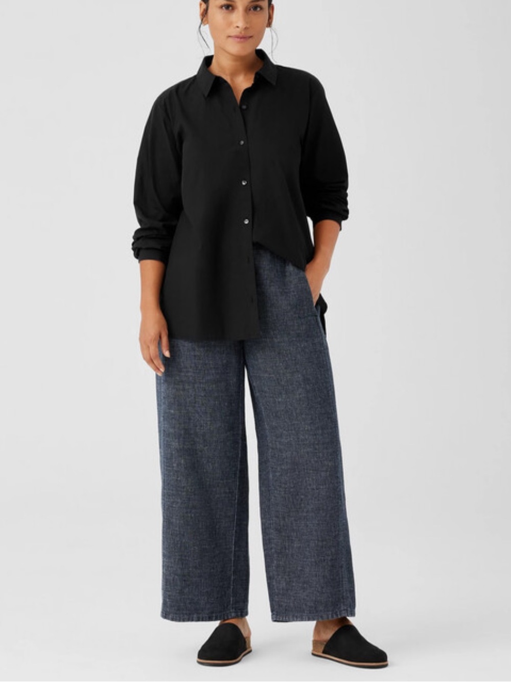 EILEEN FISHER Navy Tweed Hemp Cotton Wide-Leg Pants